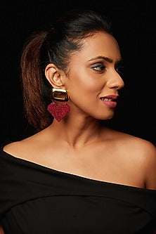 Gold Finish Red & Green Crystal Heart Stud Earrings