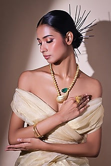 Gold Finish Emerald Green Stone Tear-Drop Pendant Necklace