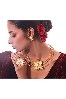 Gold Finish Leaf Motif Multi-Strand Necklace