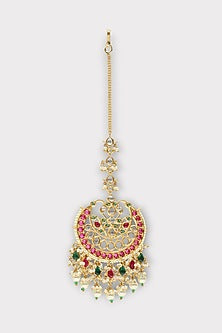 Gold Finish Kundan Polki & Pearl Maangtikka