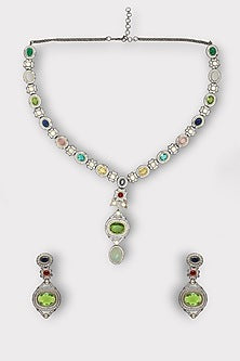 White Finish Faux Diamond & Emerald Stone Long Necklace Set
