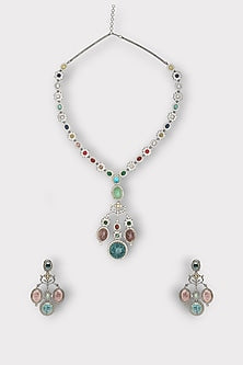 White Finish Kundan Polki & Multi-Colored Stone Enameled Choker Necklace Set