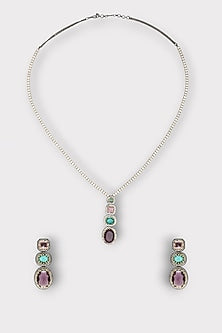 White Finish Zircon & Multi-Colored Stone Necklace Set