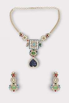 White Finish Kundan Polki & Multi-Colored Stone Enameled Long Necklace Set