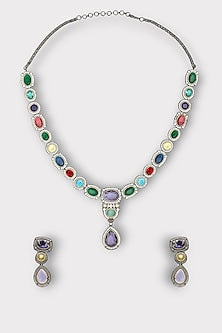 White Finish Multi-Colored Synthetic Stone Enameled Long Necklace Set