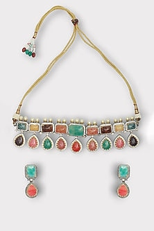 White Finish Kundan Polki & Multi-Colored Synthetic Stone Enameled Choker Necklace Set