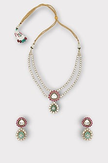 White Finish Kundan Polki & Multi-Colored Synthetic Stone Enameled Long Necklace Set