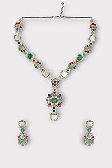 White Finish Kundan Polki & Navratna Stone Enameled Long Necklace Set
