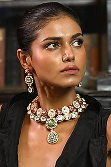White Finish Kundan Polki & Multi-Colored Stone Necklace Set