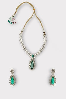 White Finish Kundan Polki & Green Stone Long Necklace Set