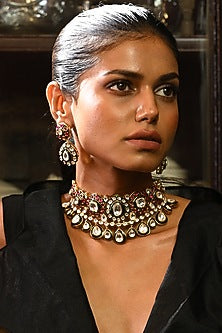 White Finish Kundan Polki & Multi-Colored Stone Choker Necklace Set