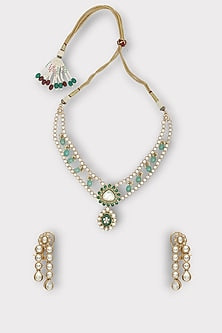 White Finish Kundan Polki & Green Stone Long Necklace Set