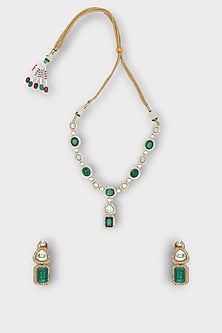 White Finish Faux Diamond & Emerald Stone Enameled Necklace Set