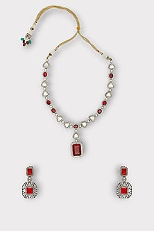 White Finish Zircon & Red Stone Necklace Set