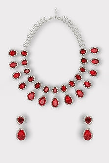 White Finish Ruby Synthetic Stone Enameled Necklace Set