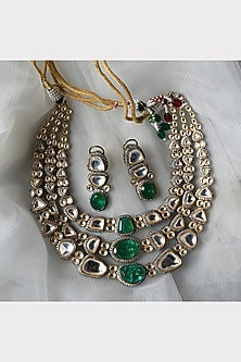 Gold Finish Kundan Polki & Emerald Synthetic Stone Necklace Set