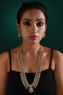 Gold Finish Multi-Colored Stone Long Temple Necklace Set