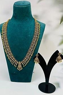 Gold Finish Multi-Colored Stone Long Temple Necklace Set