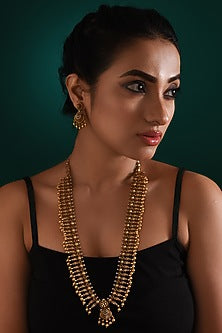 Gold Finish Multi-Colored Stone Long Temple Necklace Set