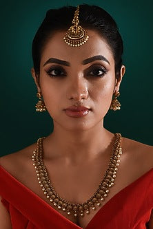 Gold Finish Multi-Colored Stone Long Temple Necklace Set