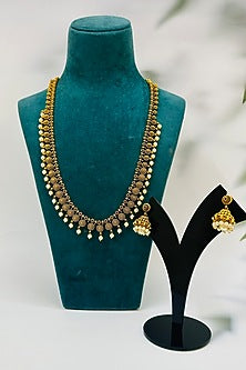 Gold Finish Multi-Colored Stone Long Temple Necklace Set