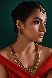 Gold Finish Multi-Colored Stone Long Temple Necklace Set
