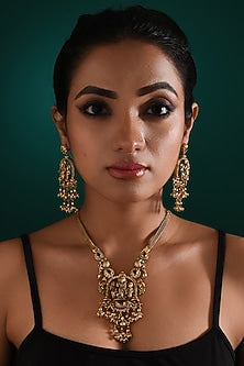 Gold Finish Multi-Colored Stone Temple Pendant Necklace Set