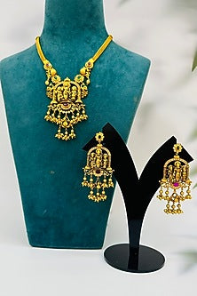 Gold Finish Multi-Colored Stone Temple Pendant Necklace Set