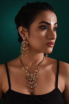 Gold Finish Multi-Colored Stone Temple Pendant Necklace Set