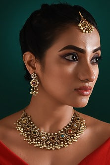 Gold Finish Multi-Colored Stone Temple Necklace Set