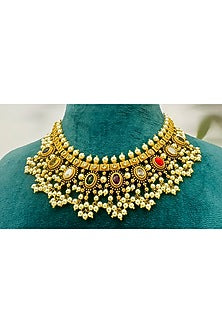 Gold Finish Multi-Colored Stone Temple Necklace Set