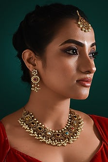 Gold Finish Multi-Colored Stone Temple Necklace Set