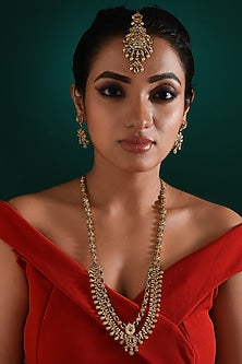 Gold Finish Multi-Colored Stone Long Temple Necklace Set