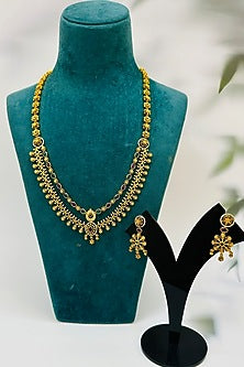 Gold Finish Multi-Colored Stone Long Temple Necklace Set