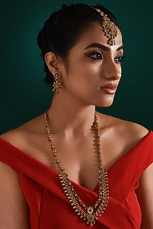 Gold Finish Multi-Colored Stone Long Temple Necklace Set