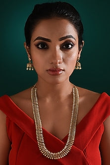 Gold Finish Multi-Colored Stone Long Temple Necklace Set