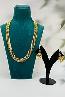 Gold Finish Multi-Colored Stone Long Temple Necklace Set