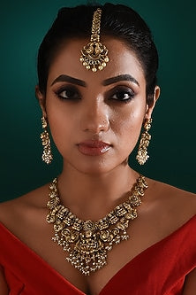 Gold Finish Multi-Colored Stone & Pearl Drop Temple Necklace Set
