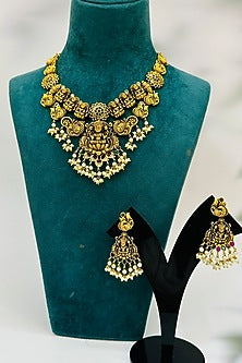 Gold Finish Multi-Colored Stone & Pearl Drop Temple Necklace Set