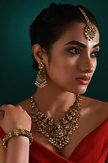 Gold Finish Multi-Colored Stone & Pearl Drop Temple Necklace Set