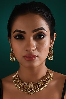 Gold Finish Multi-Colored Stone & Pearl Drop Temple Necklace Set