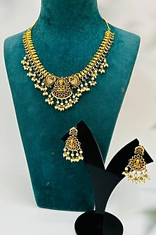Gold Finish Multi-Colored Stone & Pearl Drop Temple Necklace Set