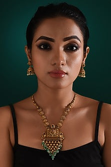 Gold Finish Multi-Colored Stone & Pearl Drop Long Pendant Temple Necklace Set