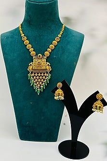 Gold Finish Multi-Colored Stone & Pearl Drop Long Pendant Temple Necklace Set