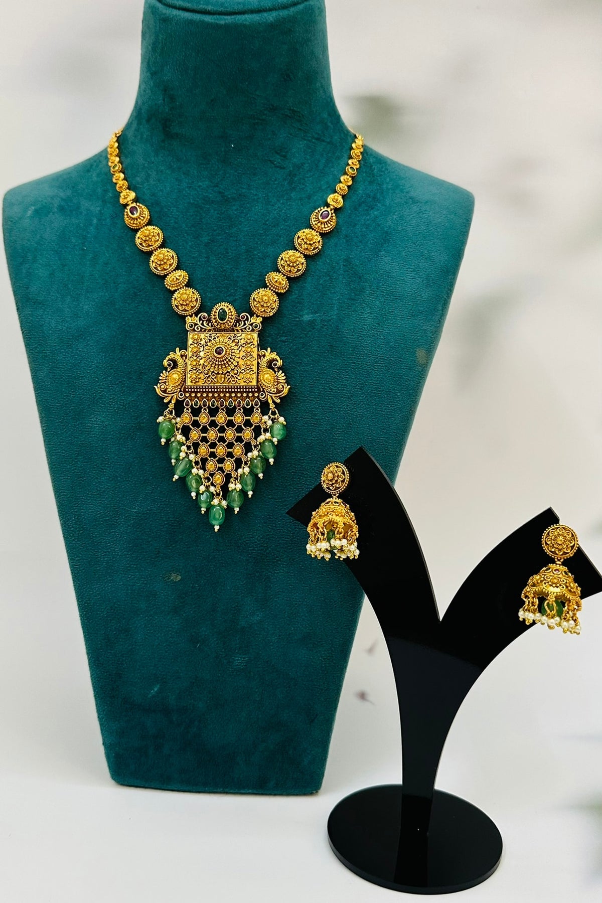 Gold Finish Multi-Colored Stone & Pearl Drop Long Pendant Temple Necklace Set