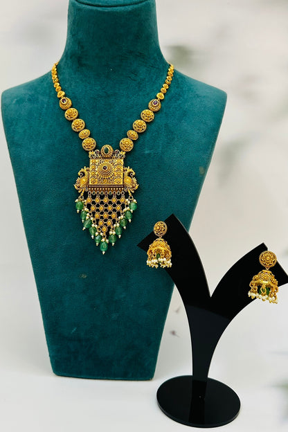 Gold Finish Multi-Colored Stone & Pearl Drop Long Pendant Temple Necklace Set