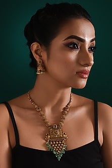 Gold Finish Multi-Colored Stone & Pearl Drop Long Pendant Temple Necklace Set