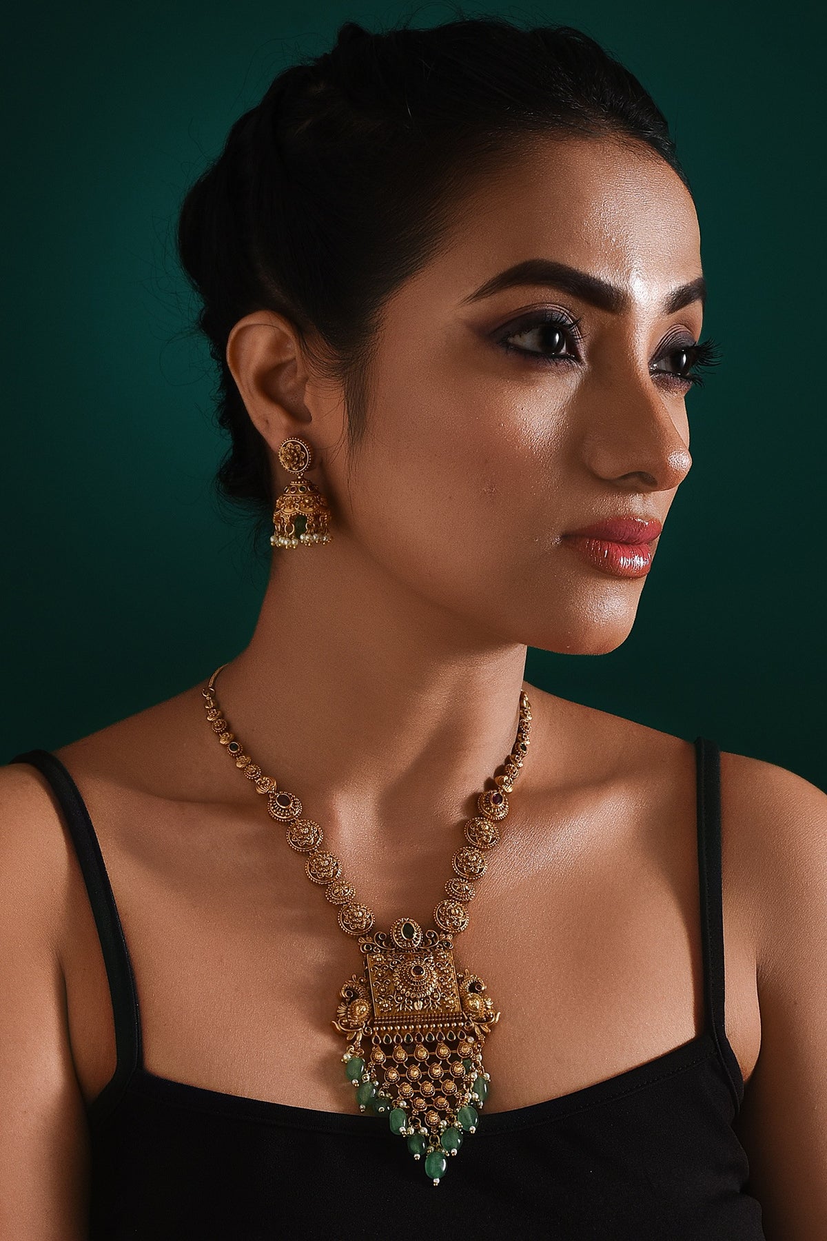 Gold Finish Multi-Colored Stone & Pearl Drop Long Pendant Temple Necklace Set