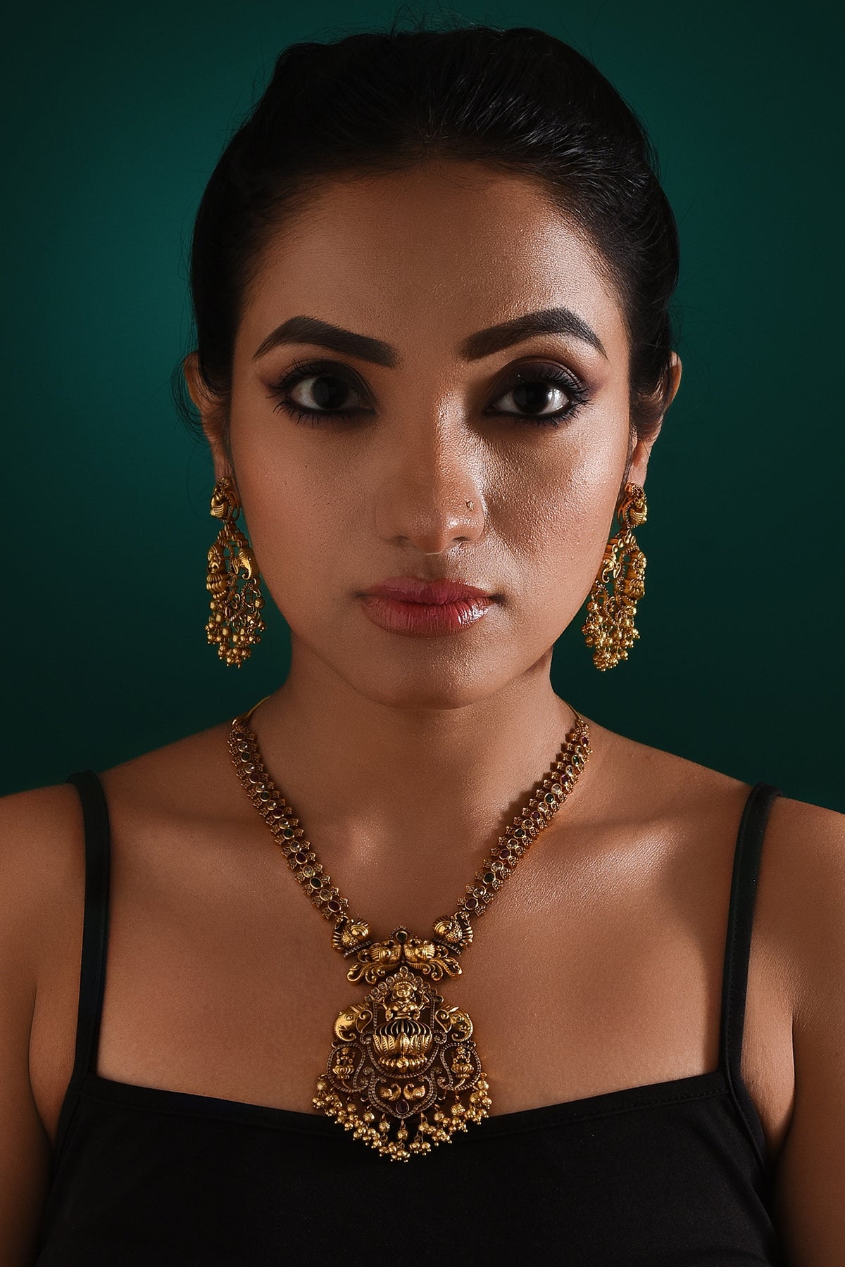Gold Finish Multi-Colored Stone & Pearl Drop Long Pendant Temple Necklace Set