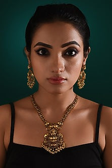 Gold Finish Multi-Colored Stone & Pearl Drop Long Pendant Temple Necklace Set